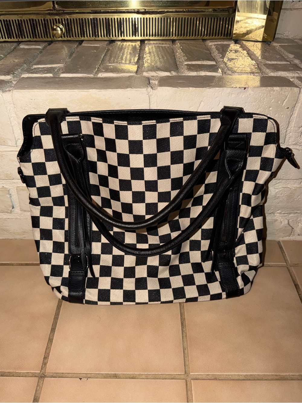 Checkered Black and White Tote Bag with Dual Handles